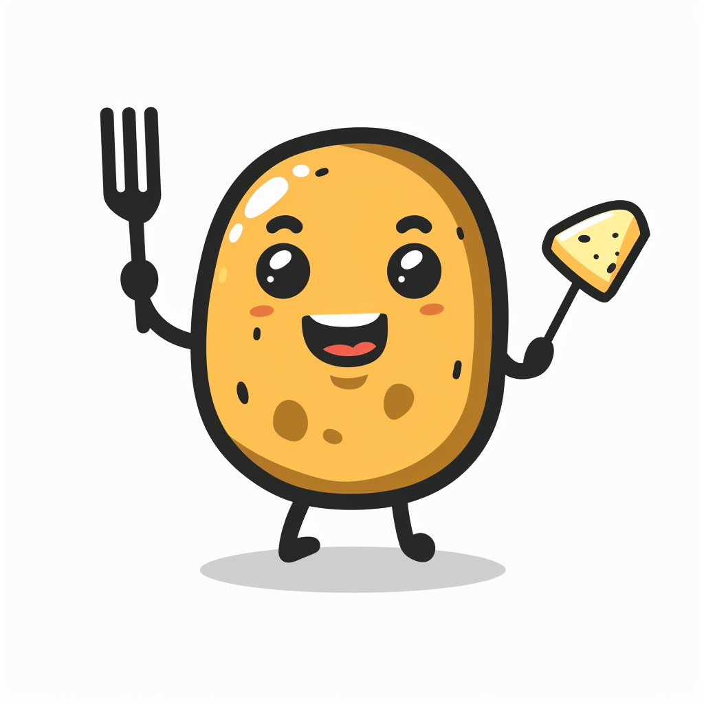 Friendly potato mascot with fork and cheese curd